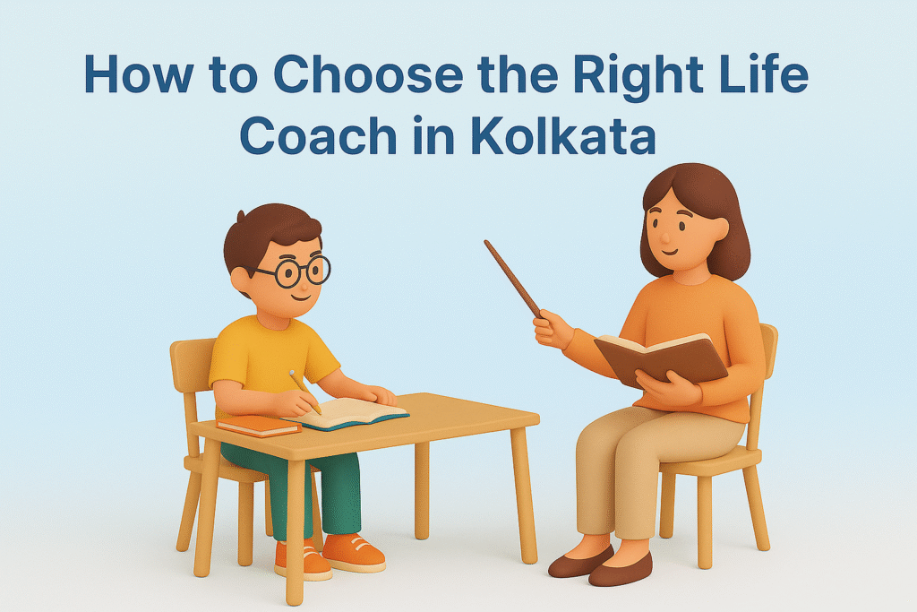 “3D illustration of a life coach in Kolkata guiding clients on how to choose the right coach, with checklist icons on a light blue and white background.