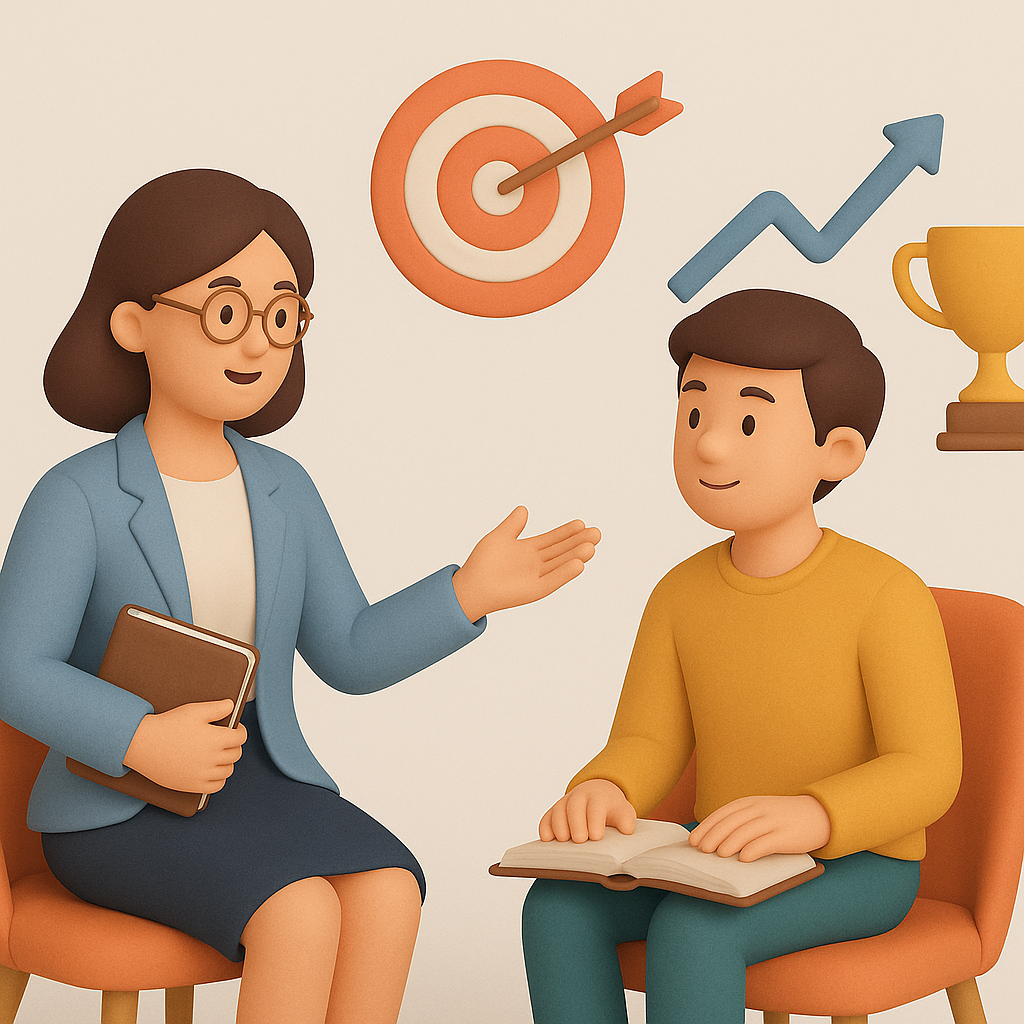 image shown A teacher providing career guidance to a student with a book, while a target, growth arrow, and trophy symbolize progress and success.