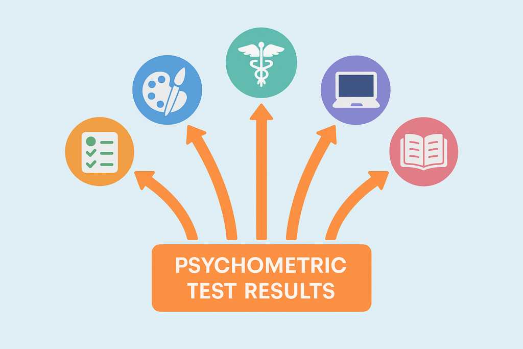 image shown Arrows leading from “Psychometric Test Results” → “Career Choices.”