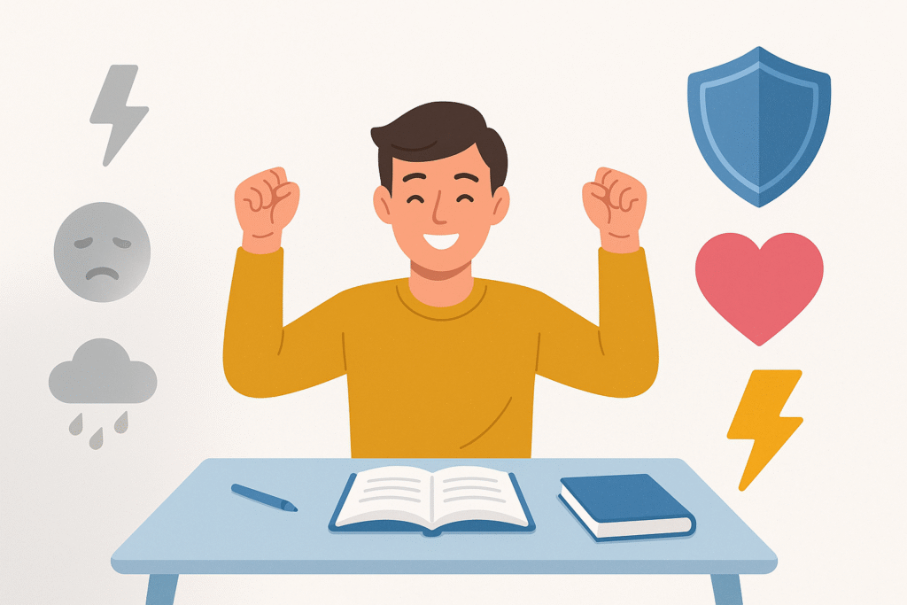 image shown A student sitting at a desk looking relieved as stress icons fade away and strength icons like a shield, heart, and lightning bolt appear by the help of Resilience Coaching Resilience Coaching