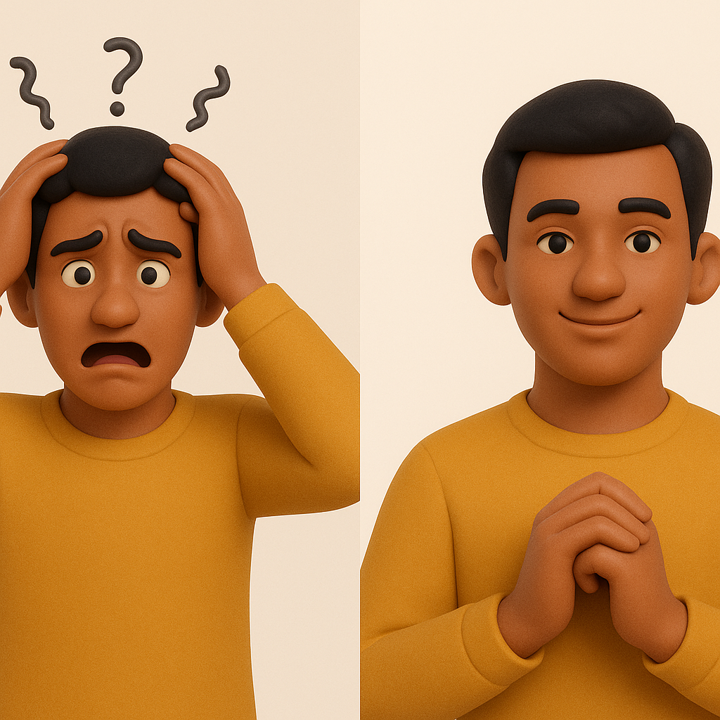 image shown a showing the same person in two moods: left side stressed and confused with hands on head, right side calm and smiling to represent emotional transformation and clarity. by getting certified life coach
