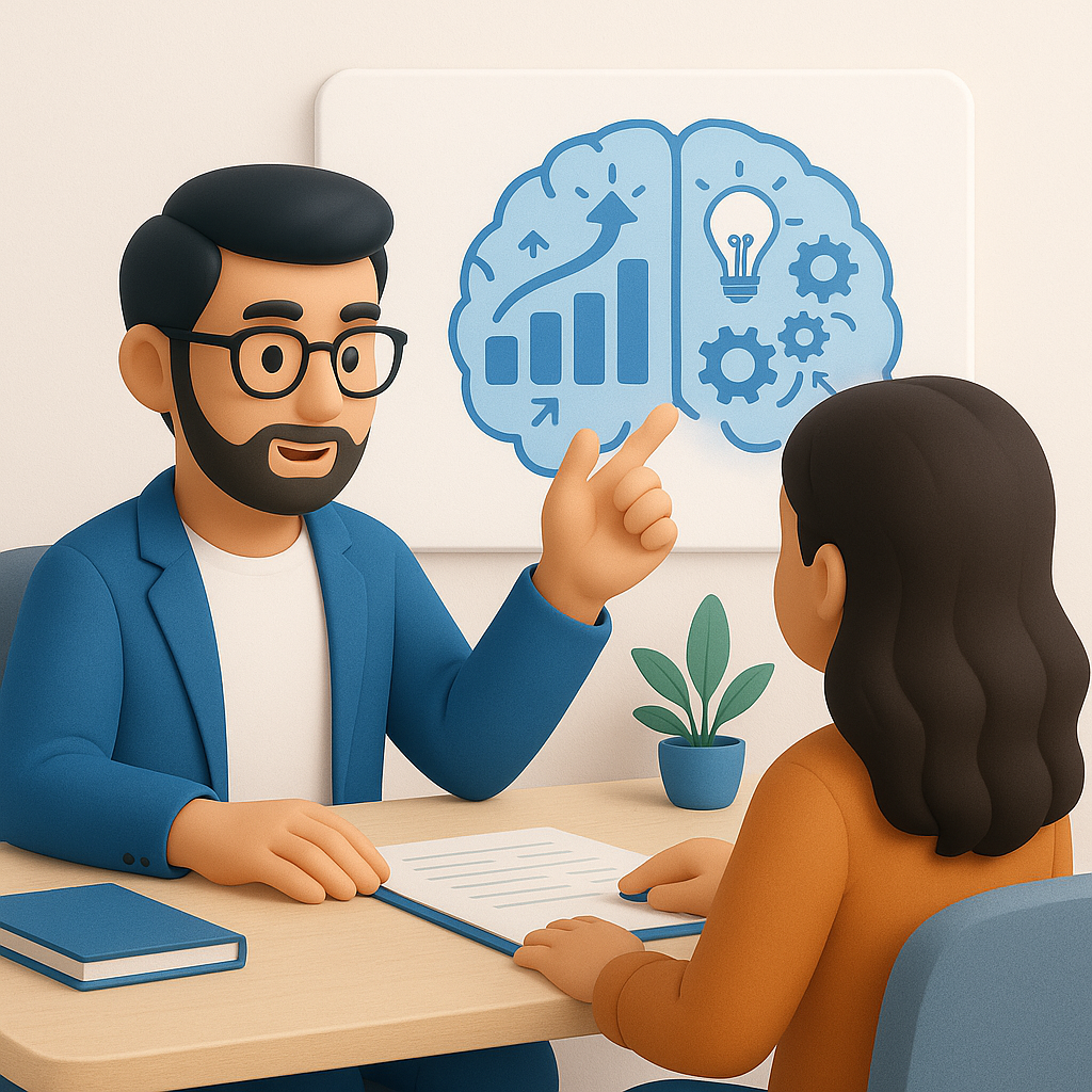 image shown A life coaching helping a person break mental barriers with a glowing brain illustration symbolizing mindset transformation and growth.