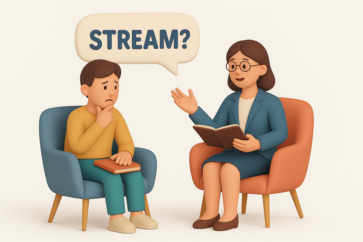 “Confused student asking which stream to choose during online career counselling while a teacher guides him.