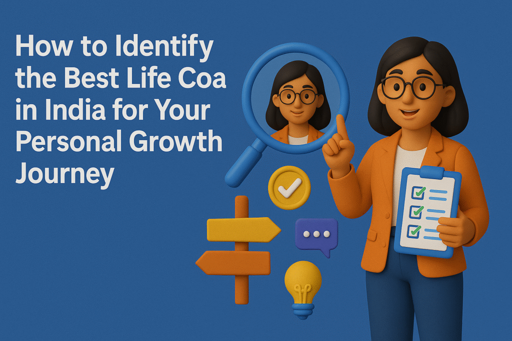 image shown showing a female life coach holding a checklist, a magnifying glass highlighting her face, and icons like a signpost, chat bubble, and lightbulb beside the title “How to Identify the Best Life Coach in India for Your Personal Growth Journey” on a blue background.
