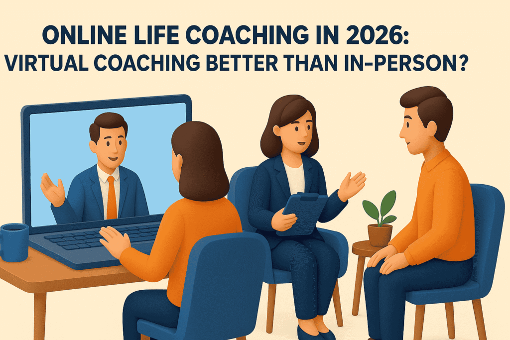 image shown of showing online and in-person life coaching in 2026, with a virtual coaching session on a laptop and a face-to-face coaching discussion, comparing digital and traditional coaching experiences during online life coaching.