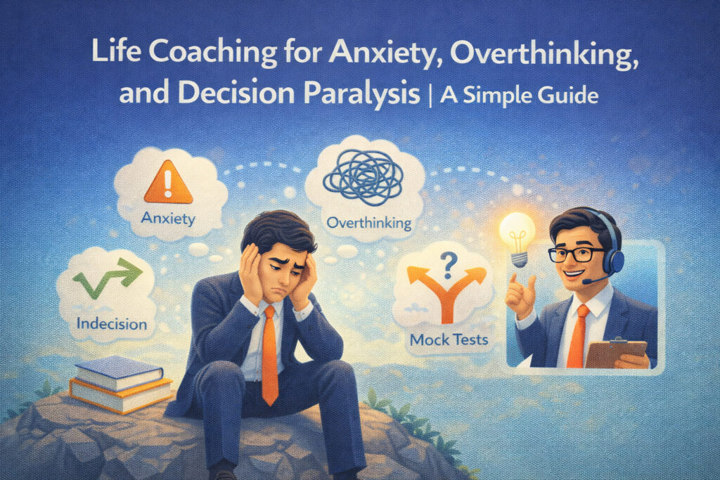 image shown showing life coaching support for anxiety, overthinking, and decision paralysis, with a stressed individual receiving guidance from a calm professional life coach.