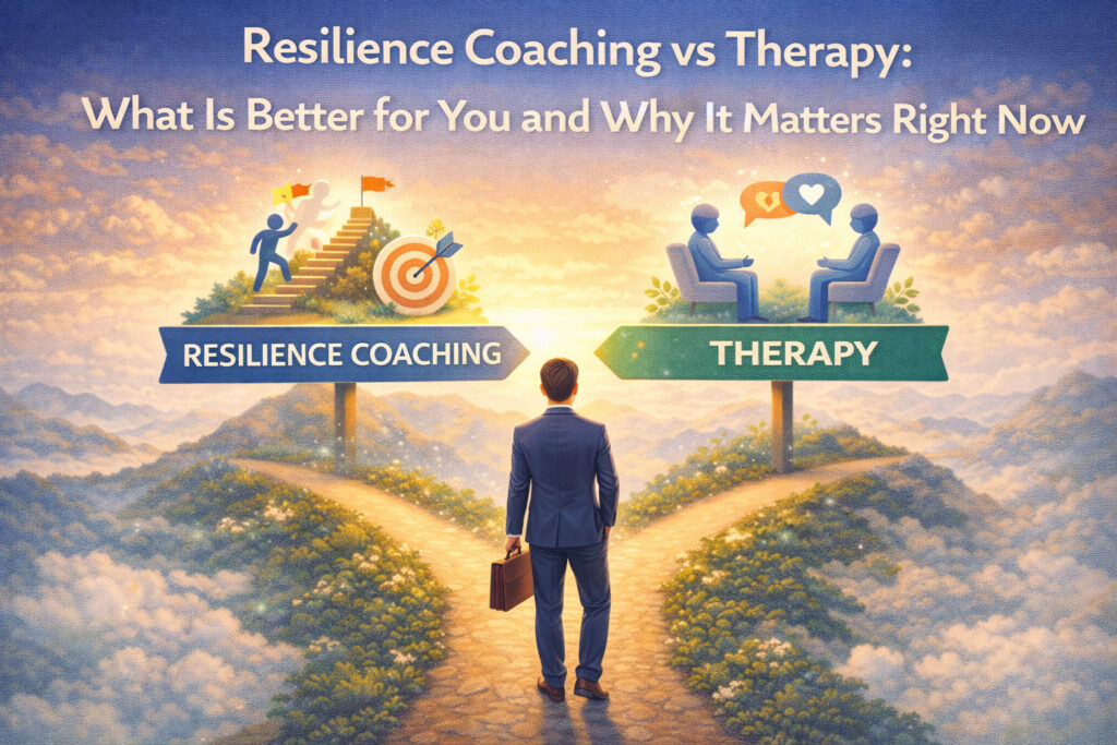 image shown comparing resilience coaching and therapy, showing a person choosing between two paths one focused on growth and goal achievement, the other on emotional healing and support.
