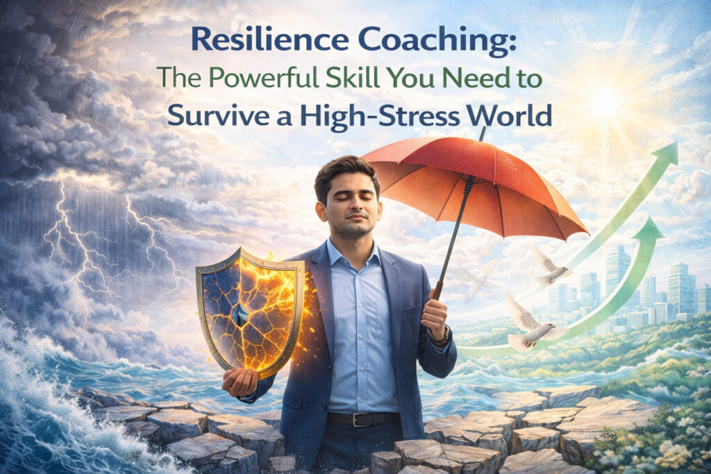 image shown of resilience coaching showing a calm professional protected from a storm, symbolising strength, emotional balance, and the ability to thrive in a high-stress world.