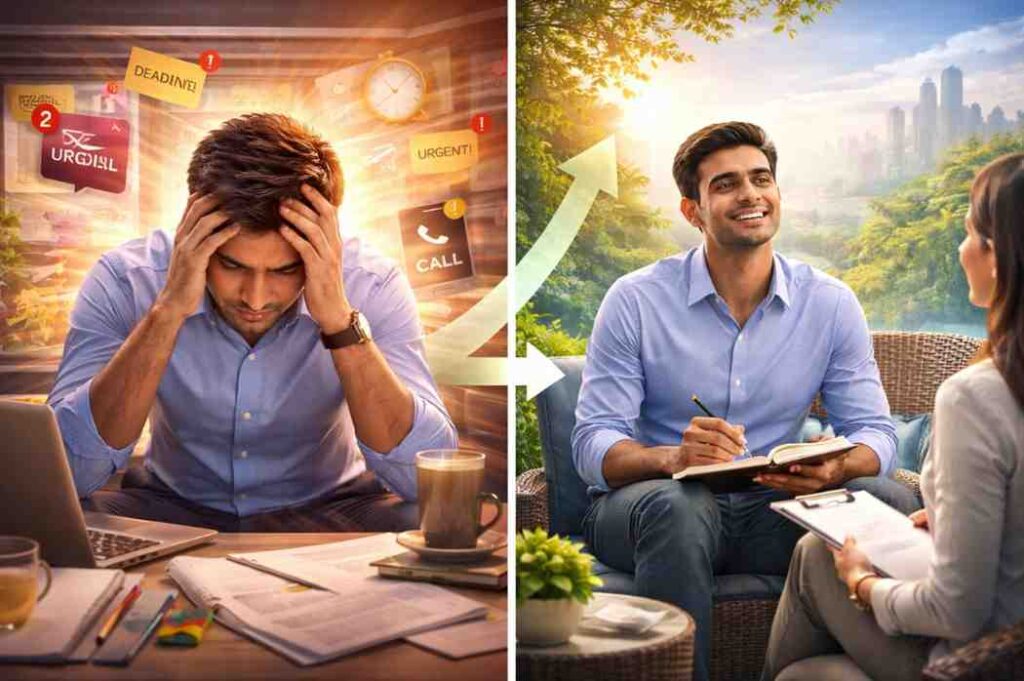 Life coaching helping a stressed professional gain clarity and confidence